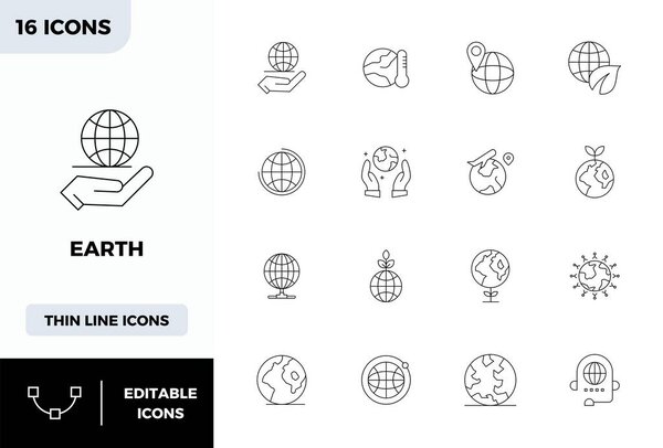 A dynamic set of 16 vector icons in Minimal Line, tailored for Earth with 128x128 PIXEL perfect quality suited for digital products.