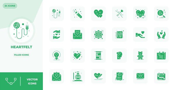 Кураторский пакет из 24 128x128 векторных значков в заполненном дизайне, сосредоточенный вокруг Heartfelt концепций с PIXEL совершенной ясностью.