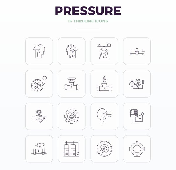Refined bundle featuring 16 Thin Outline vector icons for Pressure, optimized with 128x128 PIXEL perfect quality for elegant and functional design solutions.
