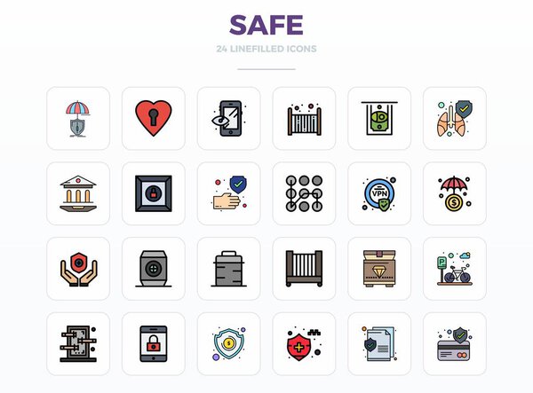 Кураторский пакет из 24 128x128 векторных значков в дизайне LineFill, сосредоточенный вокруг безопасных концепций с идеальной четкостью PIXEL.