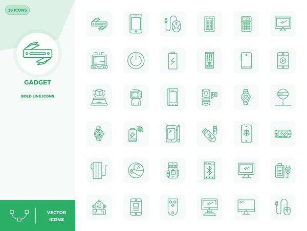 Professional-grade collection of 36 Bold Line vector icons representing Gadget, crafted with 128x128 PIXEL perfect precision for enterprise applications.