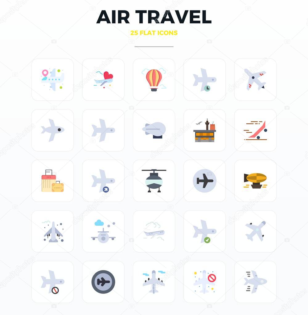 Professional-grade collection of 25 Flat vector icons representing Air Travel, crafted with 128x128 PIXEL perfect precision for enterprise applications.