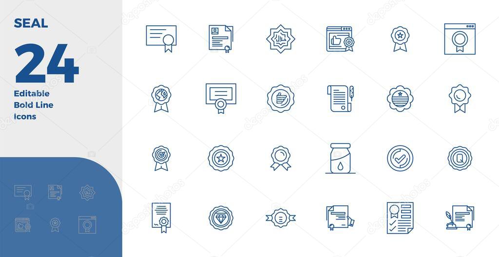 A versatile set of 24 Bold Line PIXEL perfect vector icons focused on Seal, delivered in crisp 128x128 format ideal for mobile and web applications.