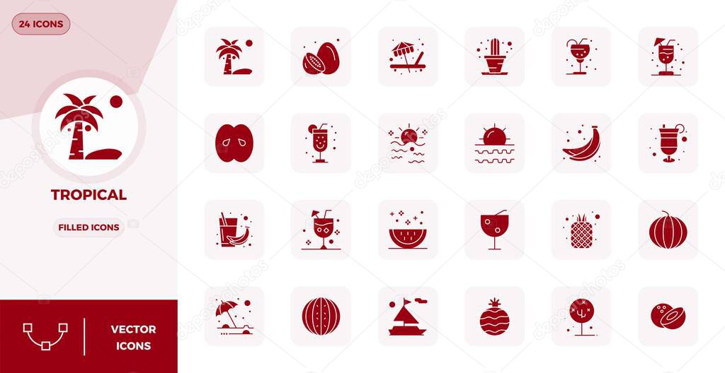 Masterfully created 24 vector icons representing Tropical in Filled design, featuring 128x128 PIXEL perfect resolution for exceptional visual quality.