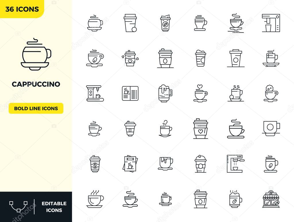 Masterfully created 36 vector icons representing Cappuccino in Heavy Line design, featuring 128x128 PIXEL perfect resolution for exceptional visual quality.