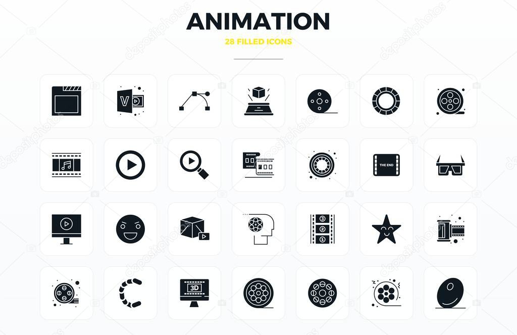 Meticulously crafted 28 Filled Glyph vector icons for Animation, delivered in 128x128 PIXEL perfect quality for uncompromising design standards.