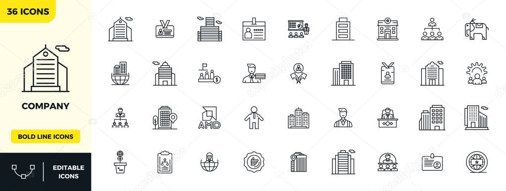 Enhance your projects with 36 Bold Line vector icons themed around Company, featuring 128x128 PIXEL perfect resolution ideal for clean and professional designs.