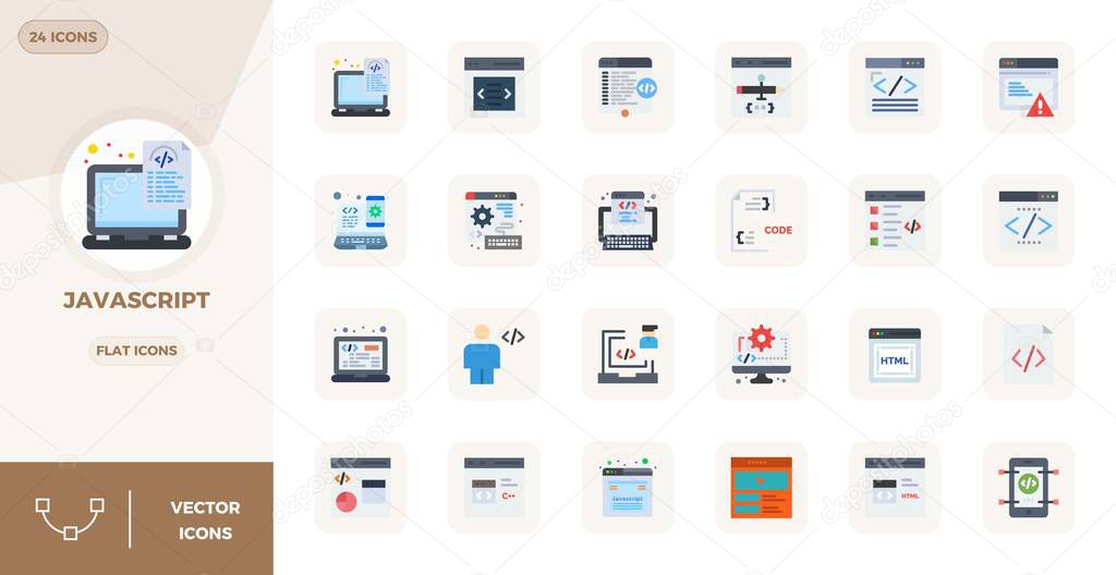 Professionally designed 24 vector icons in Flat, capturing the essence of Javascript with 128x128 PIXEL perfect precision for UI design.