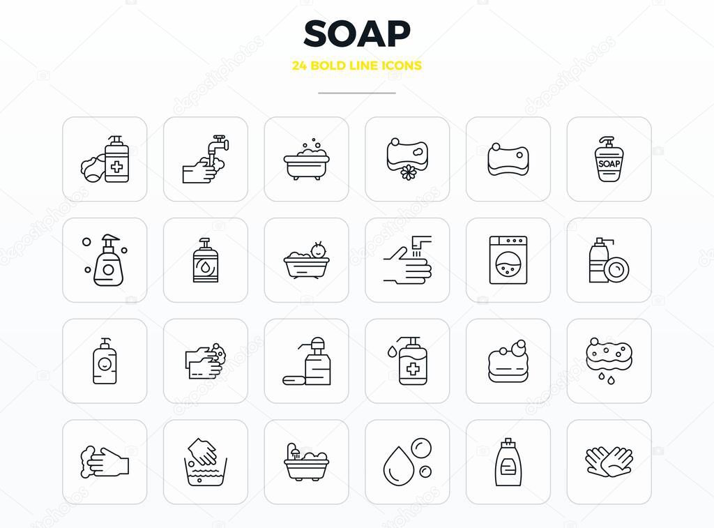Strategic bundle featuring 24 vector icons representing Soap in Strong Outline format, optimized with 128x128 PIXEL perfect quality for professional workflows.