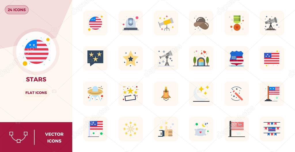 Exceptional collection of 24 Flat vector icons for Stars, delivered in 128x128 PIXEL perfect resolution for unparalleled visual excellence and usability.