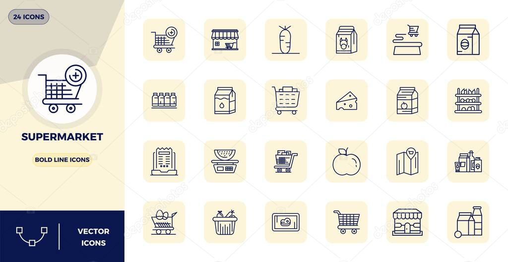Carefully curated 24 Bold Line vector icons for Supermarket, featuring 128x128 PIXEL perfect resolution for consistent brand representation and user experience.