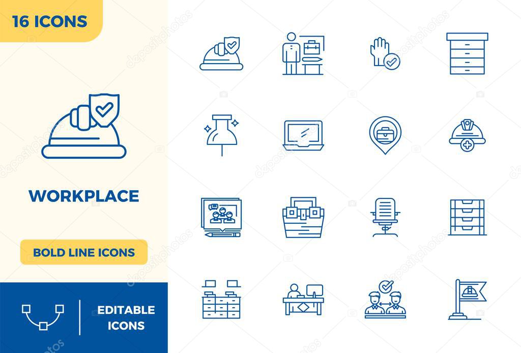 Meticulously crafted 16 Bold Line vector icons for Workplace, delivered in 128x128 PIXEL perfect quality for uncompromising design standards.
