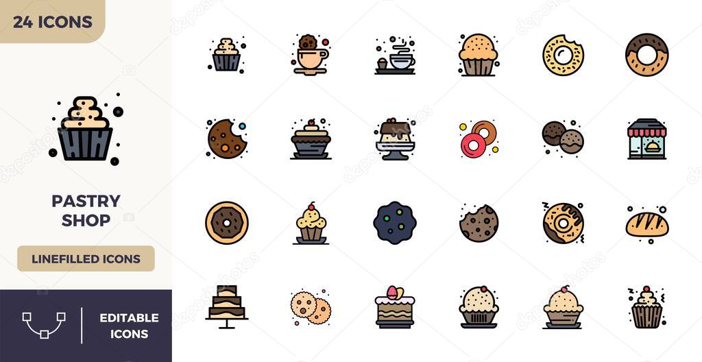 Complete package of 24 vector icons themed around Pastry Shop, showcasing Flat Lineal Color design in 128x128 PIXEL perfect quality for modern interfaces.