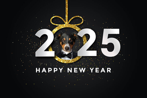 happy new year 2025 with a Dog, black background. 