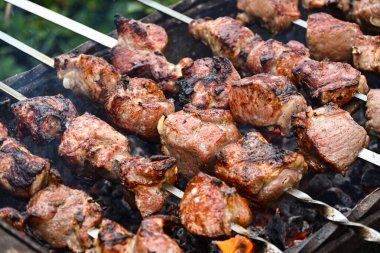 Metal şişler üzerine dizilmiş domuz parçaları, temiz havada yapılan piknik sırasında meşe odunlarının kömürlerinde kızartılır..