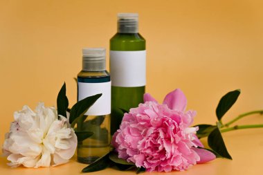 Şeftali rengi bir arka planda taze kokulu şakayık ile çevrili doğal cilt bakım ürünleri ile dolu iki şişe. konsept: reklam.