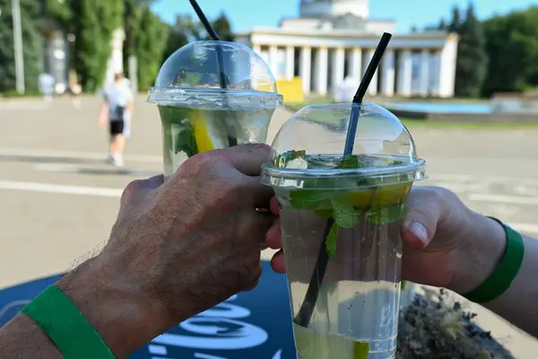 Aile sıcak bir yaz gününde şehir parkında yürür kahvaltı için mola verir. Nane yapraklı soğuk bir içecek ve büyük eko-plastik bardaklarda limon dilimleri ile..