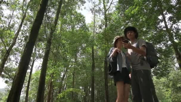 森の中で迷子になりながら 携帯電話から信号波のインターネットを検索する男性と女性の若い十代の旅行者 夏休みの冒険 通信機器技術 Uhd — ストック動画