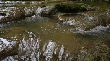 Yağmur ormanlarındaki yosunlu kayaların arasından akan tatlı suyun kaygan görüntüsü. Su koruma konsepti. Tayland.