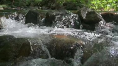 Tropikal yağmur ormanlarında güneş ışığı altında doğal dereden kayalıklara akan berrak su. Ağaçların gölgesinin altındaki tatlı su akıntısı.