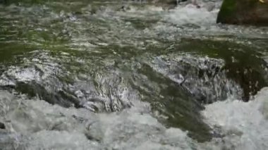 Vahşi dağ nehri taştan kayaların arasından akıyor, berrak su akıntısı tropikal yağmur ormanlarında akıyor, yavaş çekim..