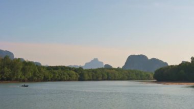 Phang Nga Körfezi 'nin güzel sabah manzarası. Denizde uzun kuyruklu bir tekne hareket ediyor. Mangrove ormanının sakin bir manzarası. Mavi gökyüzü ve güneş ışığı altında. Tayland.