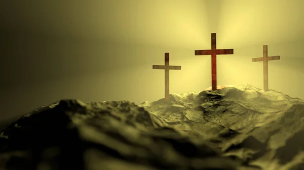 三道宗教的十字架在抽象的日落在杰拉尔德姆山上 精神上的象征庆祝基督复活和复活节的概念 神圣的十字架崇拜神和牺牲 3D渲染宗教符号 基督教教派提名 — 图库照片