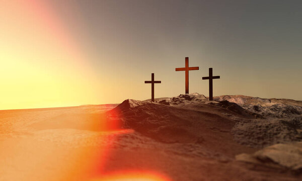 Christian croses on hill outdoors at sunrise. Calvary crucifixion. 3D illustration. Dramatic light.