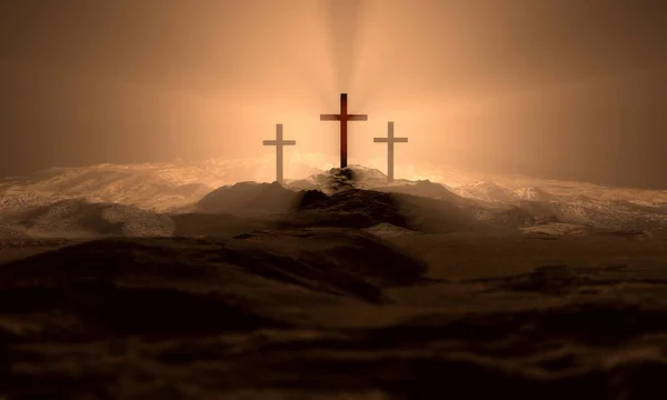クリスチャンは日の出に屋外の丘の上を横切ります 十字架刑を招け 3Dイラスト 劇的な光 — ストック写真