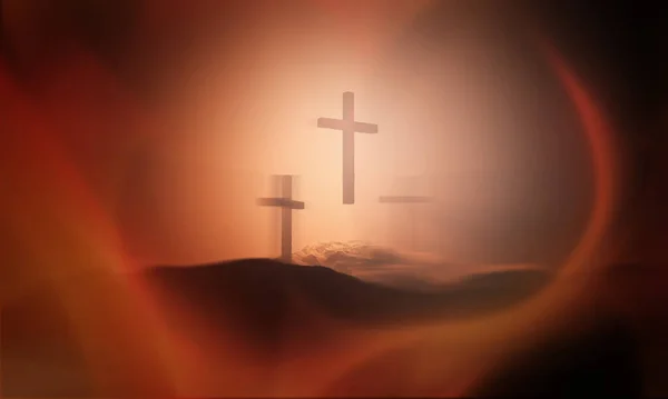 Christliche Kreuze Auf Einem Hügel Freien Bei Sonnenaufgang Kreuzigung Auf — Stockfoto