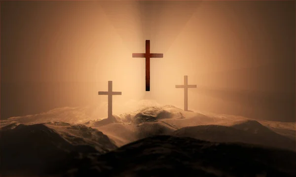 Christian Croses Hill Outdoors Sunrise Calvary Crucifixion Illustration Dramatic Light — Stock Photo, Image