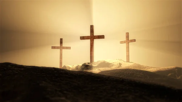 Christian Crosse Sur Colline Extérieur Lever Soleil Crucifixion Calvaire Illustration — Photo