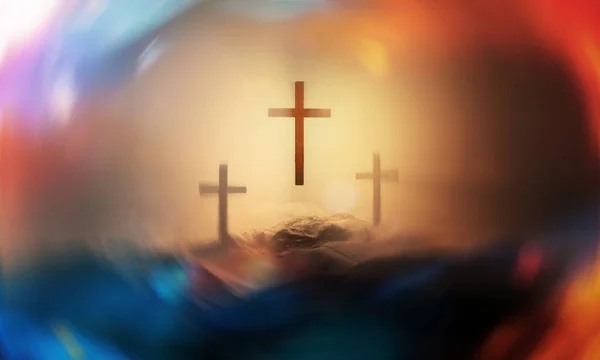 Christian Croses Hill Outdoors Sunrise Calvary Crucifixion Illustration Dramatic Light — Stock Photo, Image