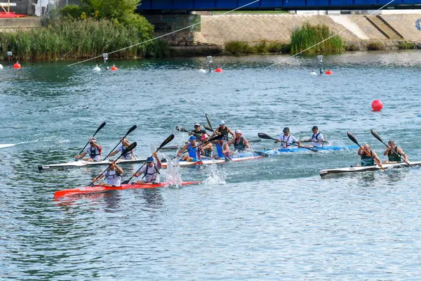 METKOVIC, CROATIA - 17 Eylül 2024: Hırvatistan 'daki Neretva Nehri' nde düzenlenen Dünya Canoe Maratonu uluslararası sporcular ve rakip rakipler sergileniyor