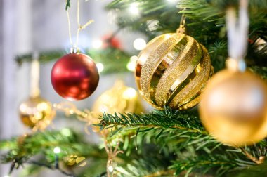 Parlak Noel Ağacı Dekorasyonları, Şenlikli Baubles ve Bayram Işıkları. Güzel dekore edilmiş Noel ağacı ile tatil mevsiminin büyüsü