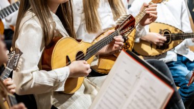 Hırvatistan 'da Canlı Performans sırasında Geleneksel Dalmaçyalı Mandolinleri Çalan Müzisyenler