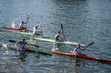 METKOVIC, CROATIA - 19 Eylül 2024: Hırvatistan 'daki Neretva Nehri' nde düzenlenen Dünya Canoe Maratonu uluslararası sporcular ve rakip rakipler sergileniyor