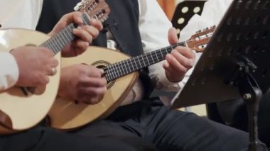 Hırvatistan 'da Geleneksel Dalmaçyalı Mandolinleri Canlı Performans, Yakın Çekim sırasında Çalan Müzisyenler