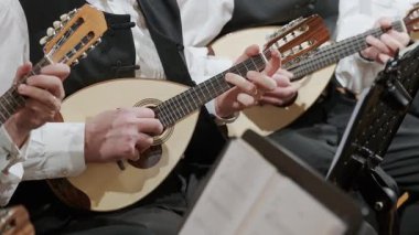 Hırvatistan 'da Canlı Performans, Yakın Çekim sırasında Geleneksel Dalmaçyalı Mandolinlerini Yavaş Çekimde Çalan Müzisyenler