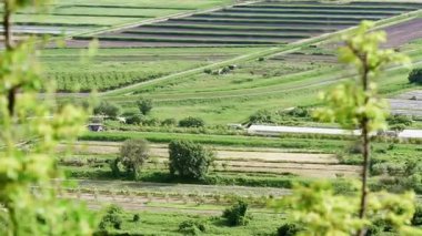 Baharda Neretva Vadisi 'nde ekili tarlaları, yeşil otlakları ve dolambaçlı toprak yolları olan verimli tarım arazileri manzarası
