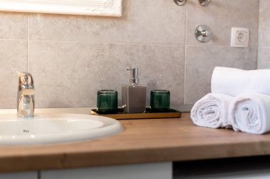 Bitki, ayna, rulo beyaz havlular ve ahşap tezgahta modern sabun makinesi olan şık bir banyo lavabosu.