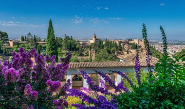 Granada 'lı Alhambra, İspanya' da önplanda çiçekler