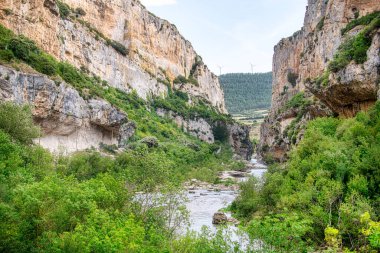 Arbayun Foz 'unun panoramik görüntüsü İspanya' nın Navarra kentindeki Salazar nehrine doğru ilerliyor. Doğal rezerv ve kuşların özel koruma alanı olarak ilan edildi..