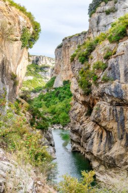 Arbayun Foz 'unun panoramik görüntüsü İspanya' nın Navarra kentindeki Salazar nehrine doğru ilerliyor. Doğal rezerv ve kuşların özel koruma alanı olarak ilan edildi..