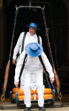 Hollanda 'nın Alkmaar kentindeki ünlü bir Hollanda peynir pazarında peynirle yürüyen taşıyıcılar. Etkinlik geleneksel olarak her hafta sonu Waagplein meydanında gerçekleştirilir..