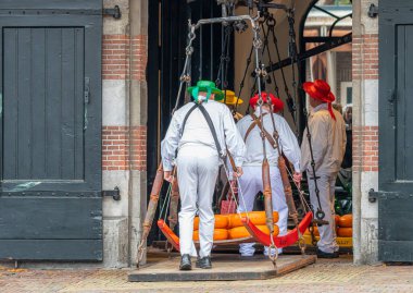 Hollanda 'nın Alkmaar kentindeki ünlü bir Hollanda peynir pazarında peynirle yürüyen taşıyıcılar. Etkinlik geleneksel olarak her hafta sonu Waagplein meydanında gerçekleştirilir..