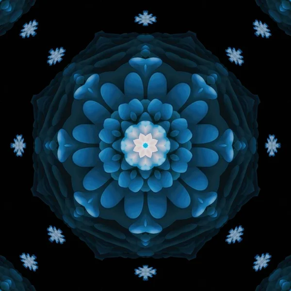 Blommande Blomma Fjäll Batik Med Glänsande Blå Färg Kalejdoskop Tema — Stockfoto