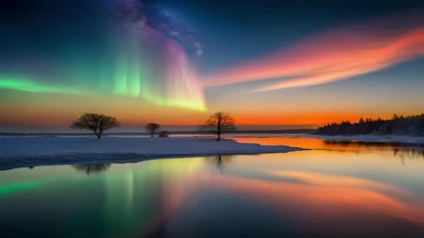 Aurora Avrupa Dağlarında Kışın Dağlarda Göllerde Ormanlarda Temiz Bir Gökyüzünün — Stok video