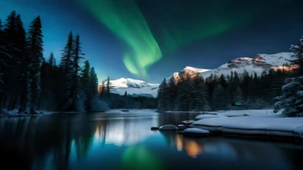 在欧洲高地的奥罗拉 在冬季的高山 湖泊和森林里 有着清澈的天空 有着美丽的自然 对商业 广告都有很大的帮助 — 图库视频影像