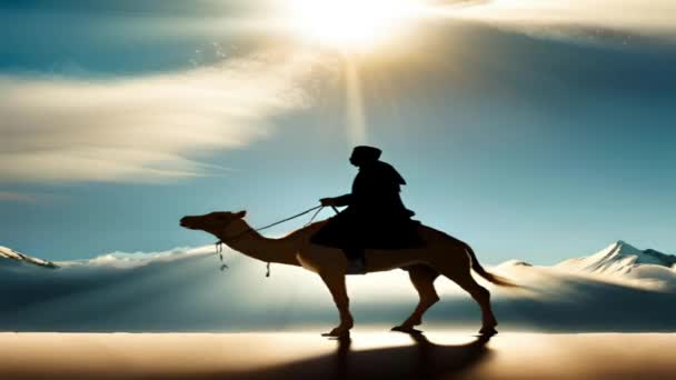 広大な砂漠の背景の砂漠でラクダに乗ってアラビア文化の部族の動きビデオ ブログのために使用するのに最適な ウェブサイト ビジネス その他 — ストック動画
